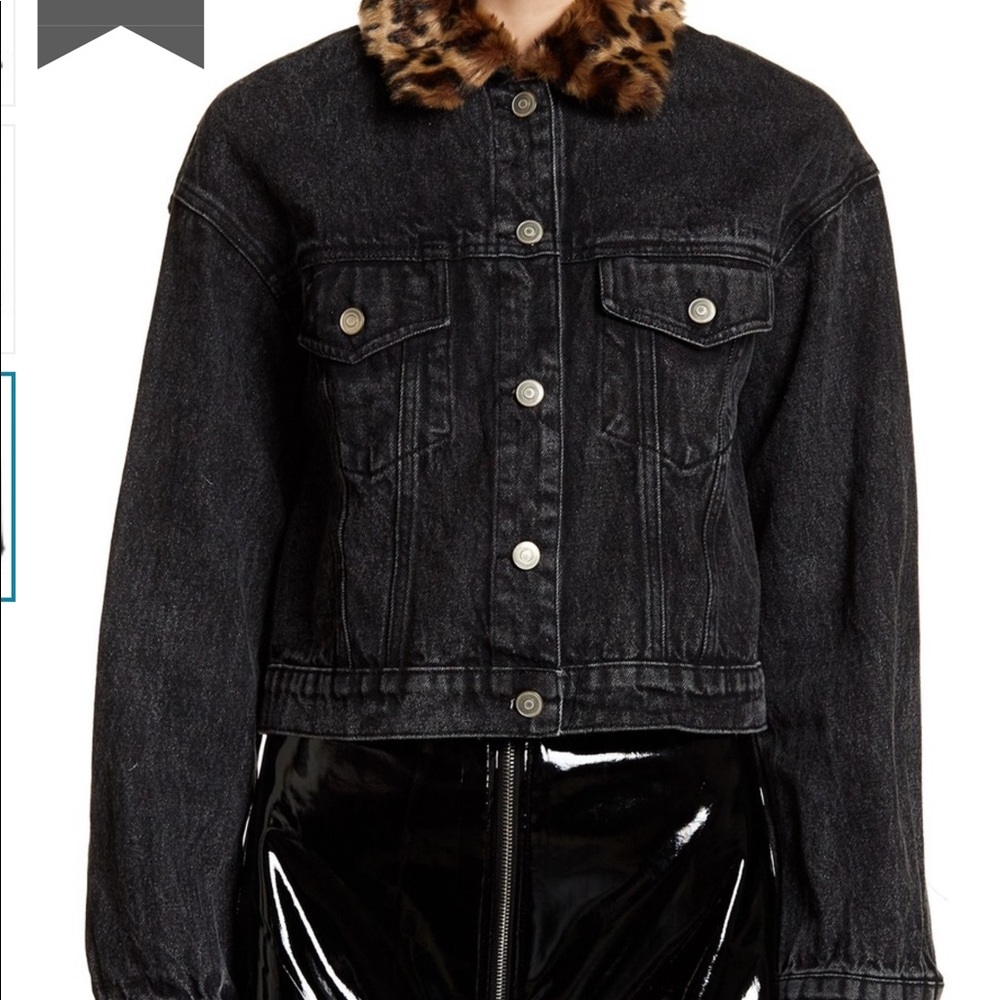 EMORY PARK Black Acid Wash Denim Jacket w/leopard
